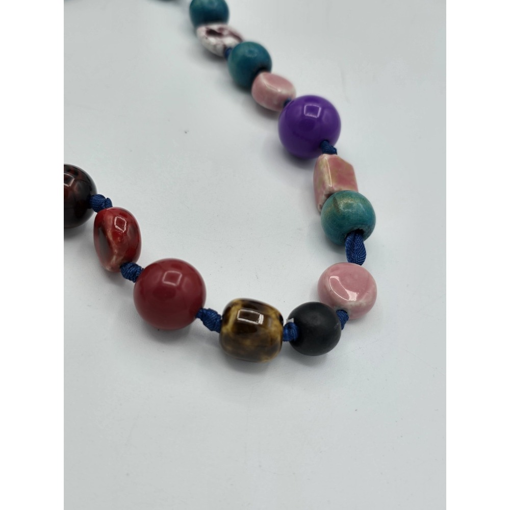 VINTAGE Chunky Multicolored 27-Beaded Adjustable Necklace Strung On Blue Ribbon - Picture 7 of 10